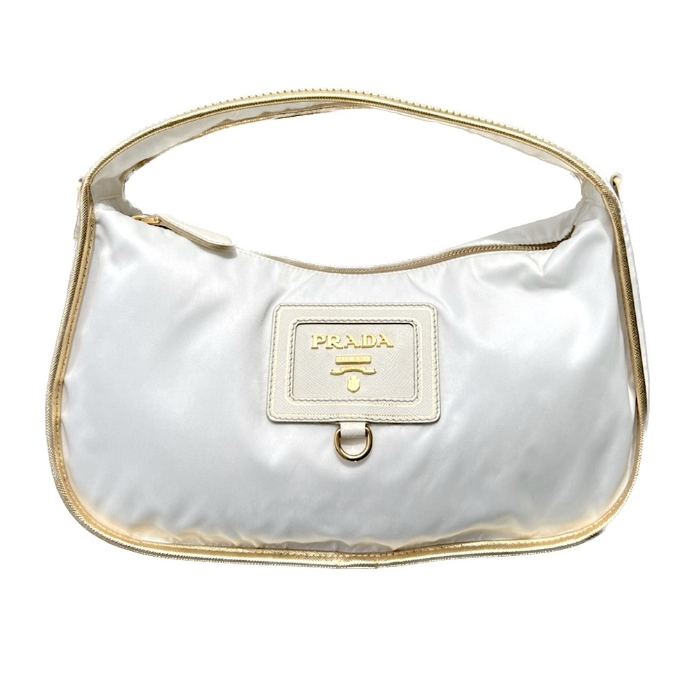 Prada Milano AUTHENTIC 10” Wide, 6.5” tall Ivory w/ Gold Trim Handbag